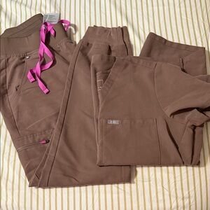 Brown Scrub Set with Pink Accents